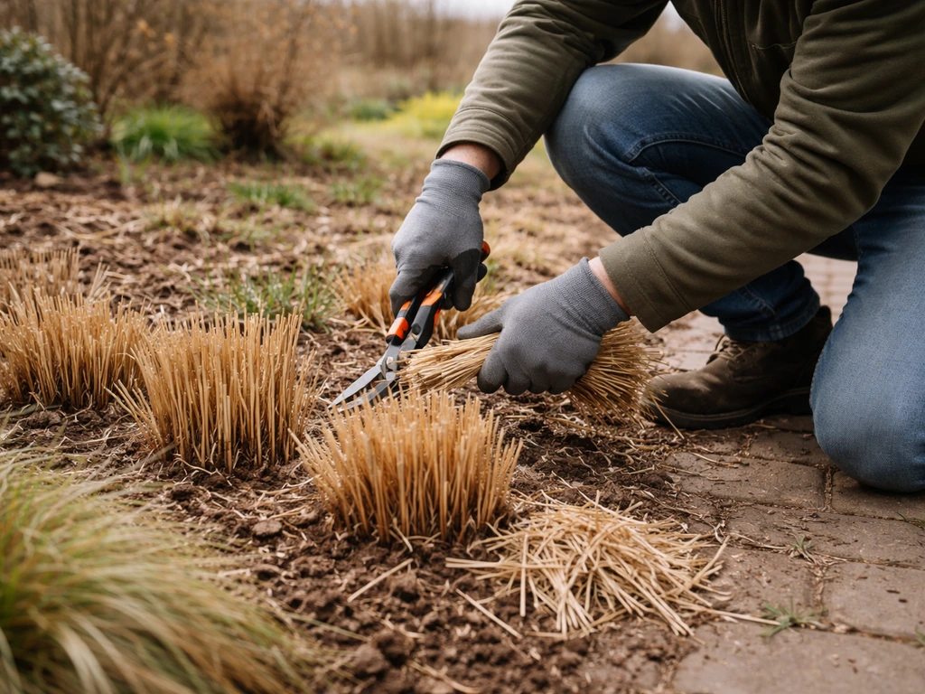 Tuinier snoeit siergrassen in een Nederlandse tuin in het vroege voorjaar met snoeischaar/haakse trimmer