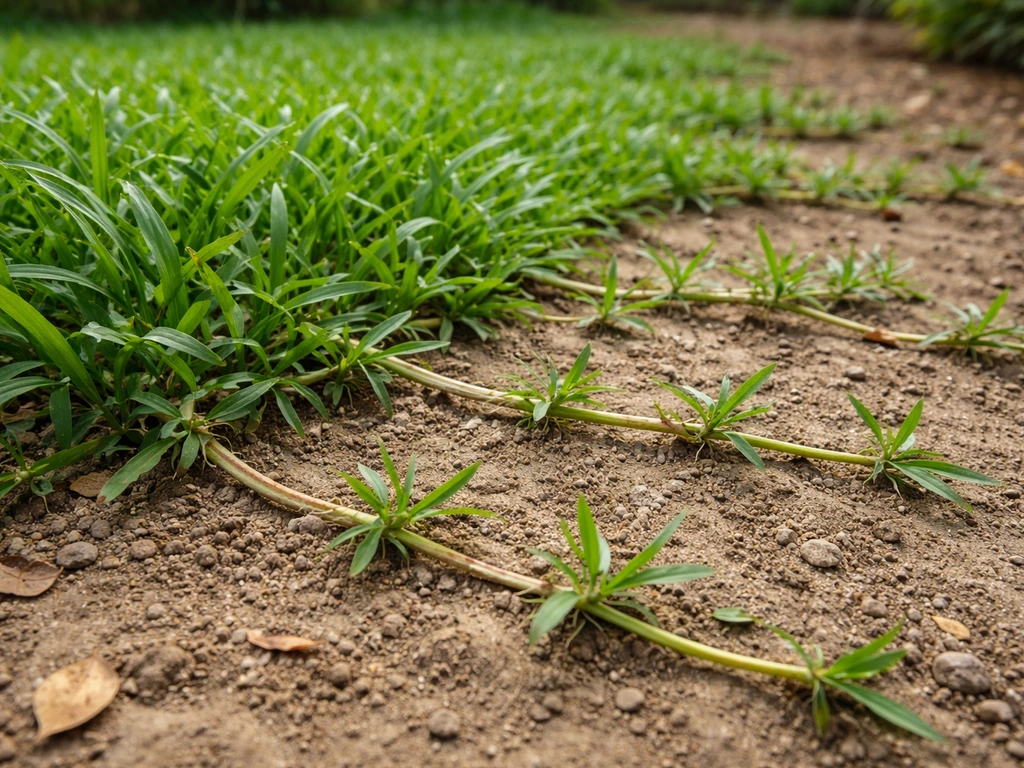 Close-up van kikuyu-gras met uitlopers en matvorming in een tuin in Nederland