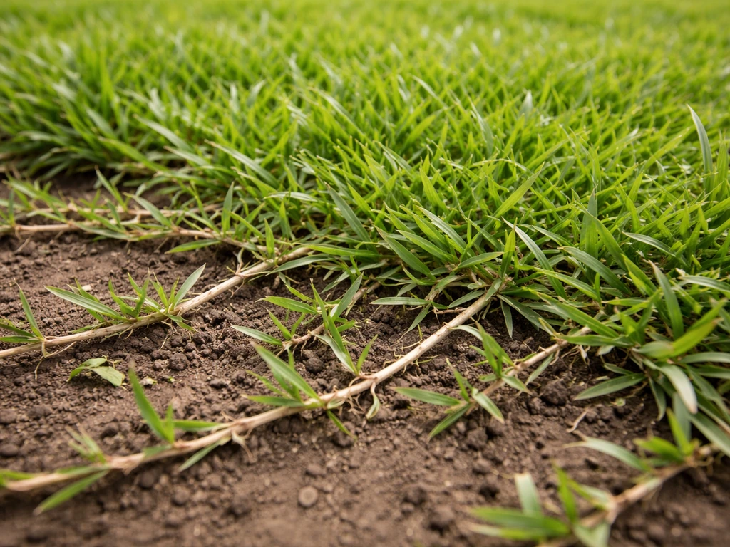 Close-up van kikuyu-gras met kruipende uitlopers en een dichte, verstrengelde mat op de bodem