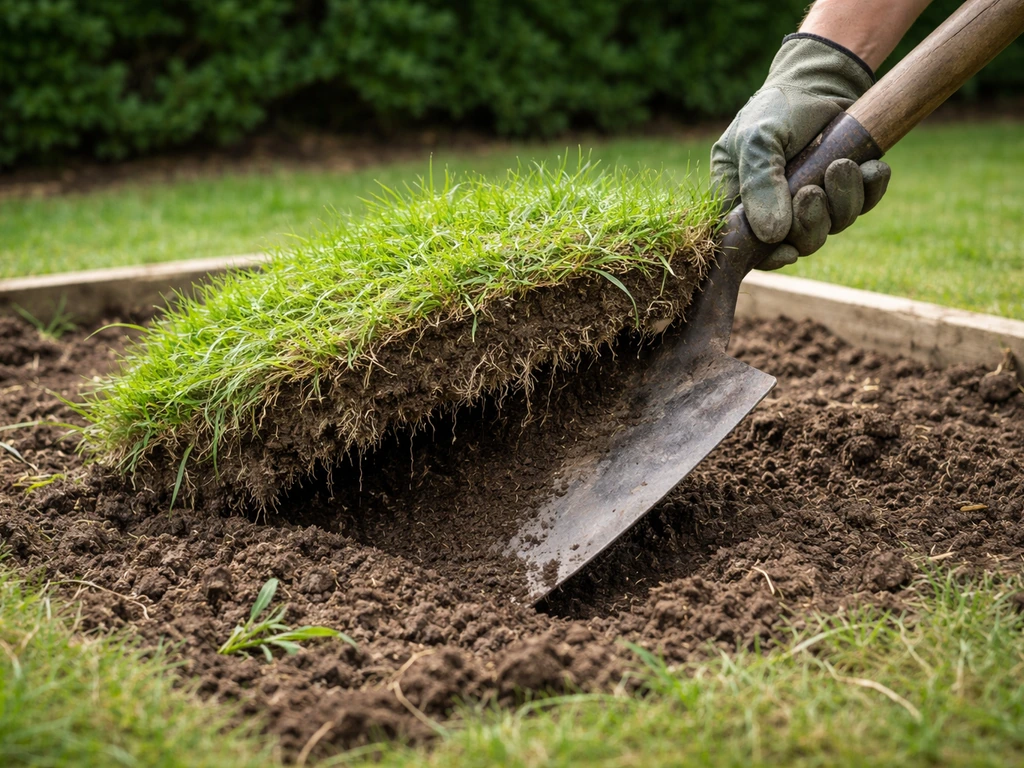 Hand met spade steekt kikuyu-gras uit een klein tuinvak; de wortelmat komt zichtbaar los.