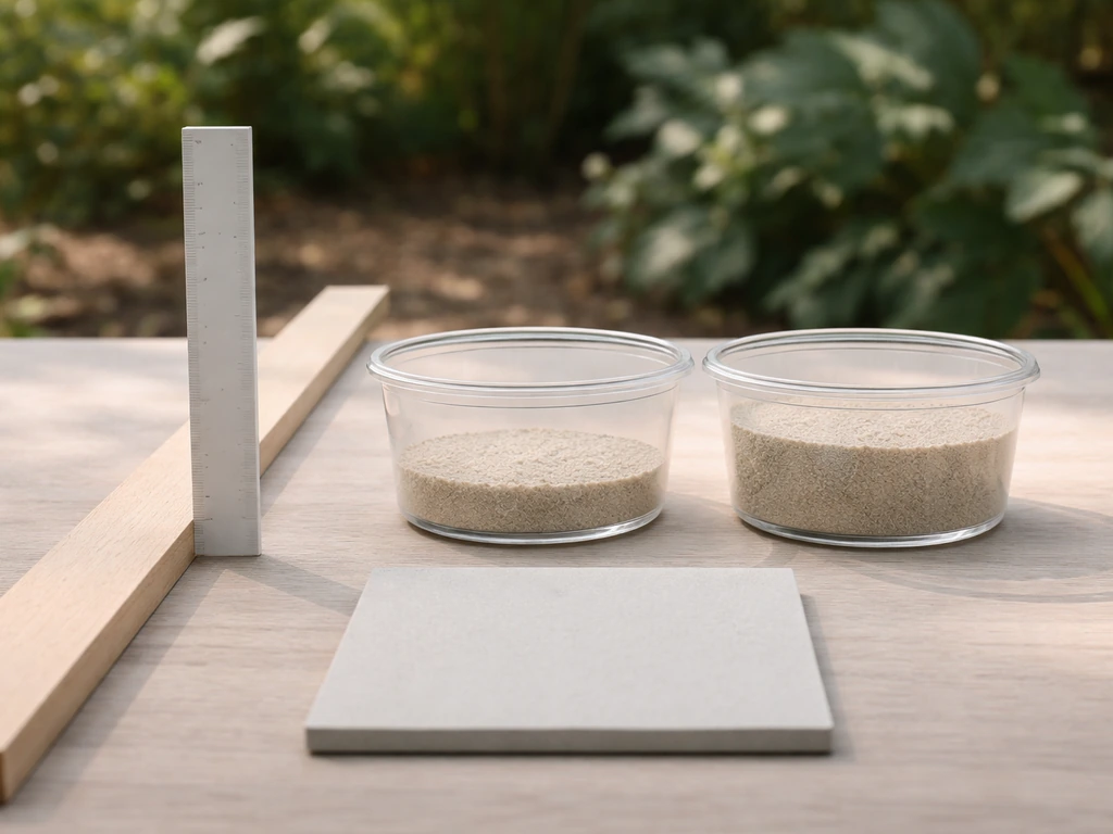 Afgemeten kuipjes met dresmateriaal naast een meetlat, één laag van 0,5 cm en één van 1 cm op m²-schaal.