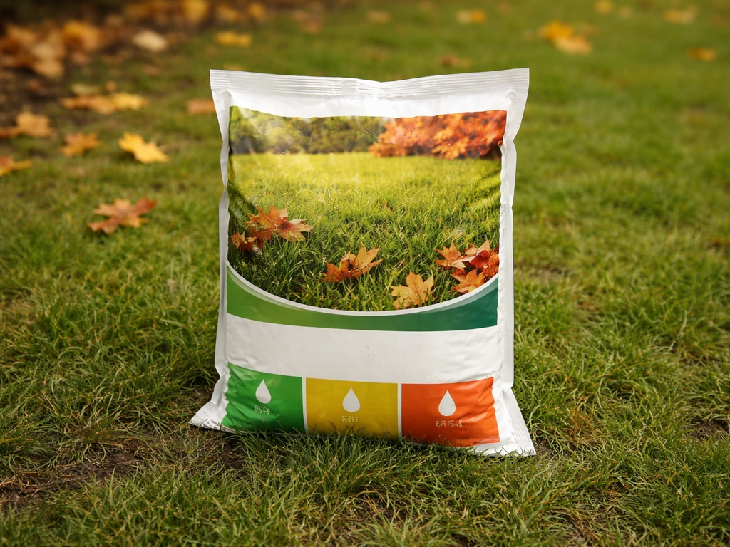 Jonge grasmat in herfsttuin met een najaarsmestzak op de grond, etiket zichtbaar zonder leesbare tekst.