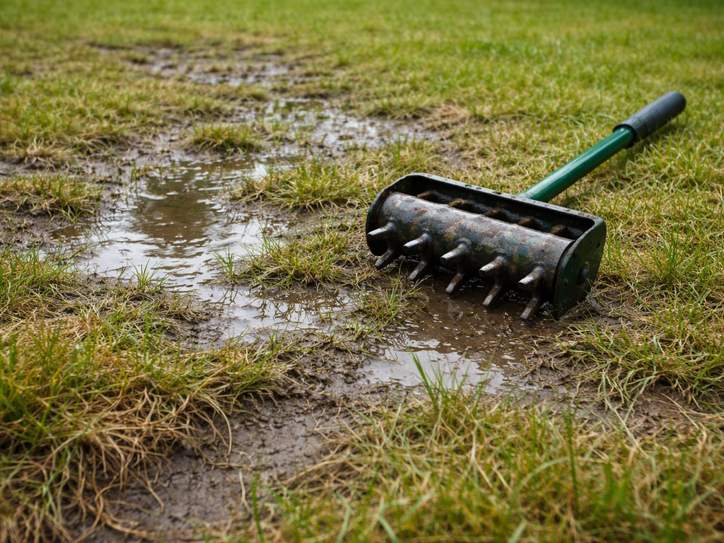 Ongelijk gazon met stilstaand regenwater en een beluchtingsprikrol klaar om de bodem te beluchten.