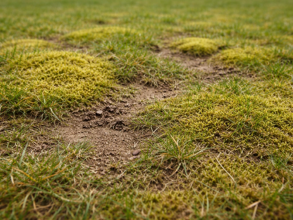 Close-up van het gazon met grote mosvlakken en een lichte viltlaag/verdichting onder het gras.