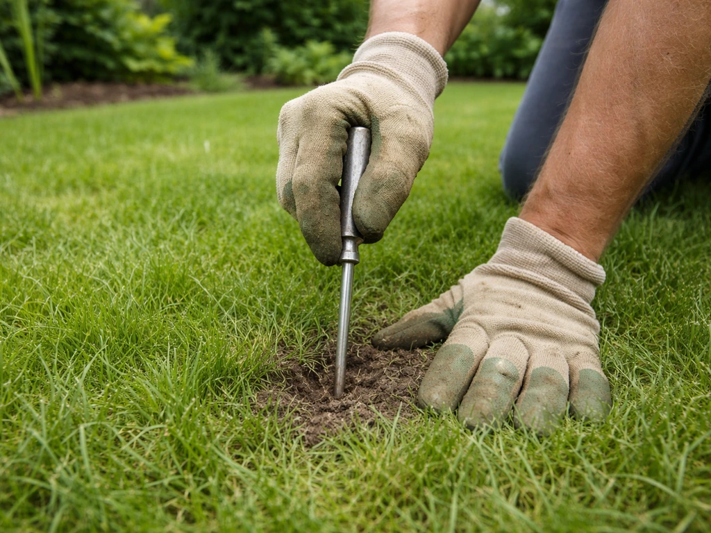 Handen van een tuinier die met een priemstok in het gazon prikt om bodemverdichting te controleren.