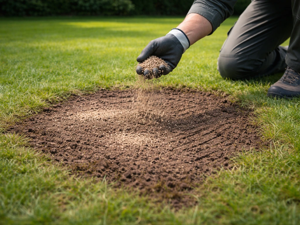 Tuiner met graszaad dat op kale plekken wordt gestrooid, met licht aangeharkte structuur op een vochtige bodem.