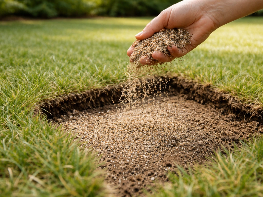 Close-up van een hand die topdressing korrels op een open grasmat laat vallen, met zicht op de bovenlaag.