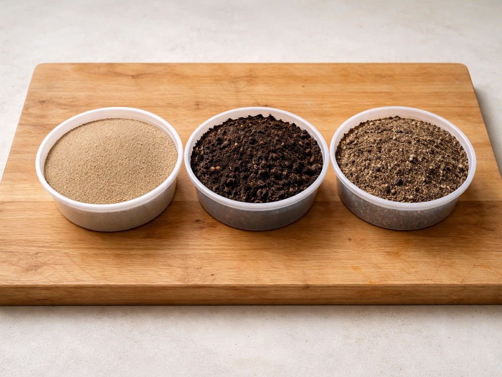 Drie kleine bakken met kwartszand, gezeefde compost en een mengsel, naast elkaar klaar om te vergelijken.