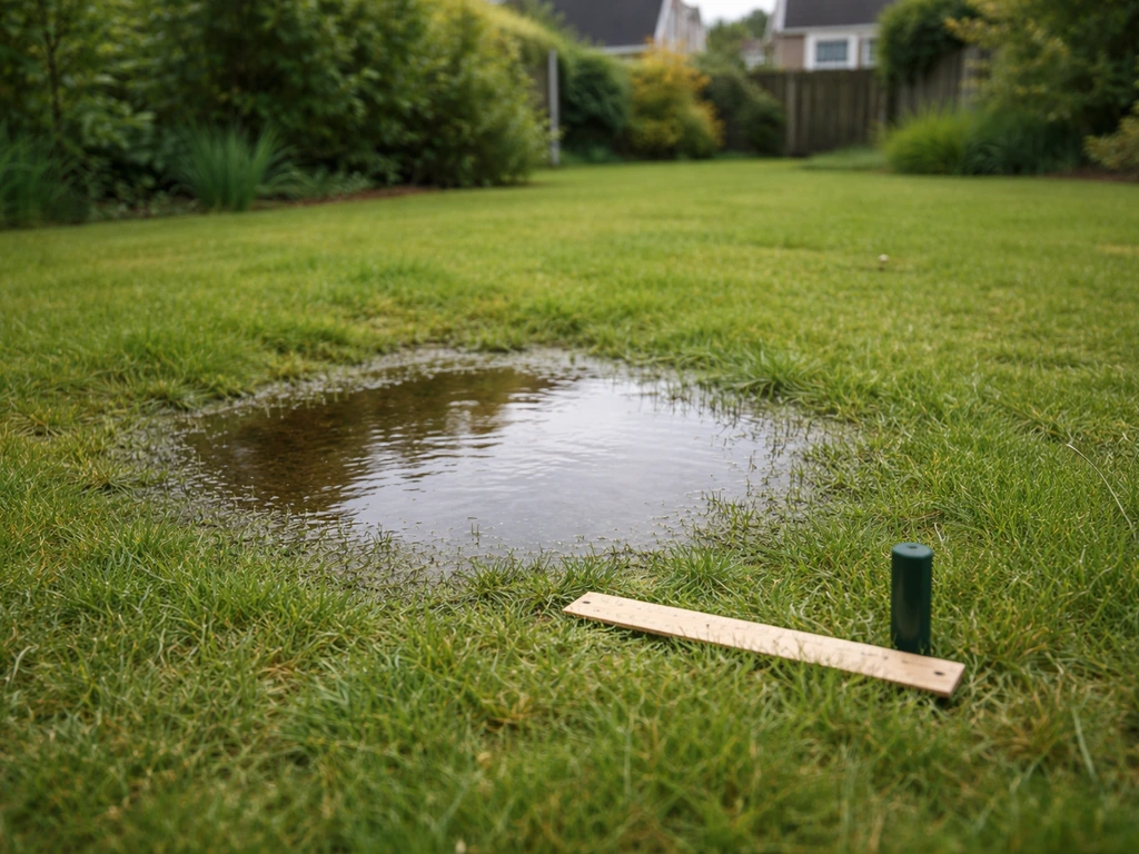 Anoniem gazon met een plasje water op een lager deel, met zichtbaar hellingsverschil voor afwateringcheck