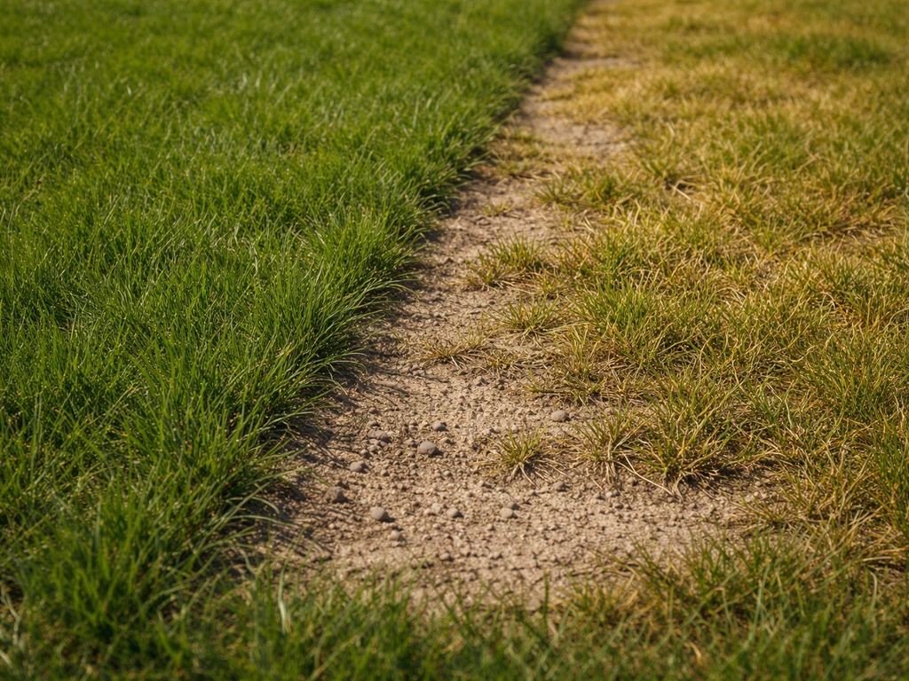 Ongelijk gazon met een te dikke ophooglaag: vergeeld gras in één zone naast een groener deel