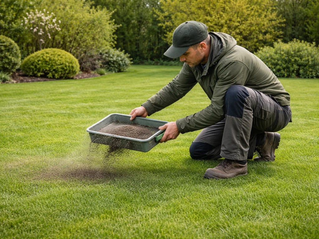 Een tuinier die in het voorjaar een gezond gazon dressen met fijne compost/zand voor timing-beeld.
