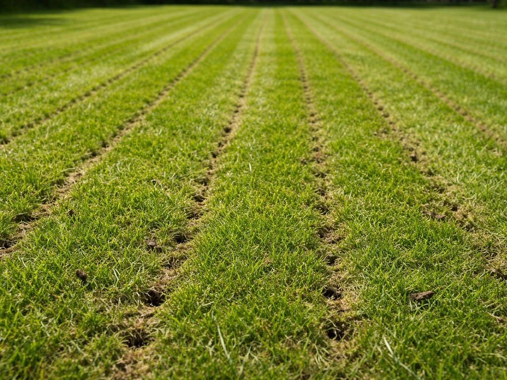 Gazon met verticut-slierten en beluchtingsgaatjes, klaar als voorbereiding voor het aanbrengen van dressing.