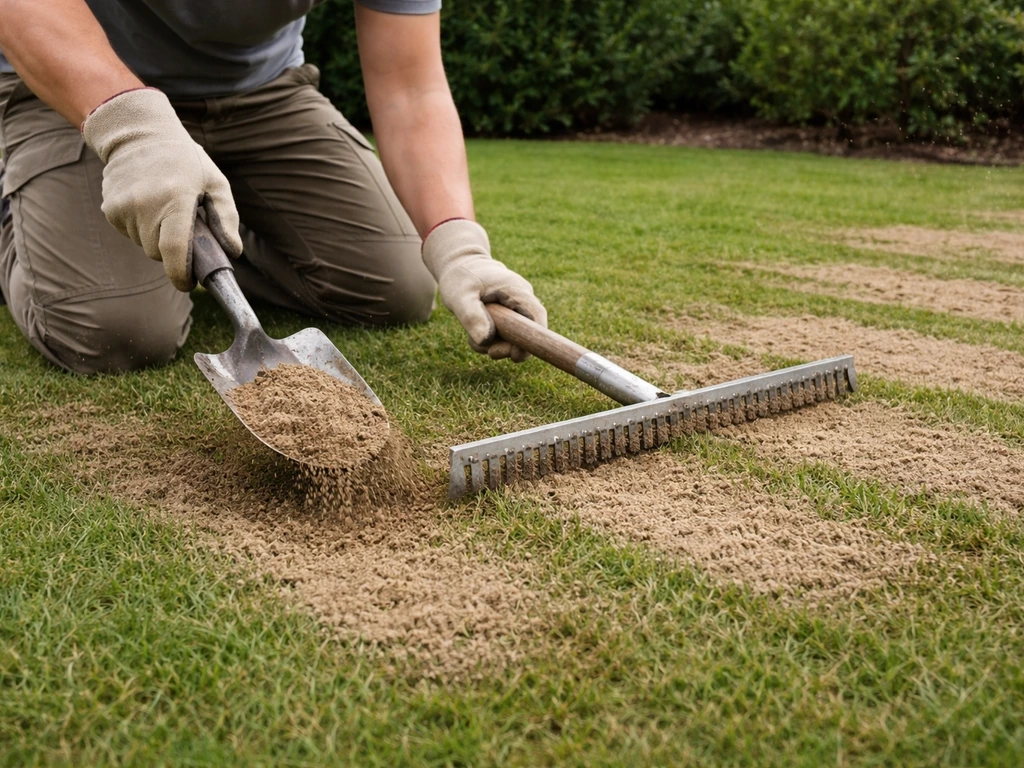 Werker egaleer grasdressing met hark na het gelijkmatig uitstrooien in een dunne laag op het gazon
