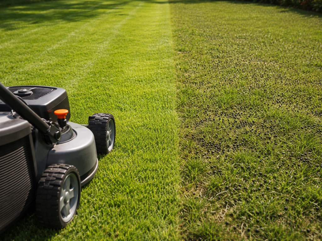 Vers gemaaid gazon rond 4–5 cm naast een subtiel recent bemeste strook.