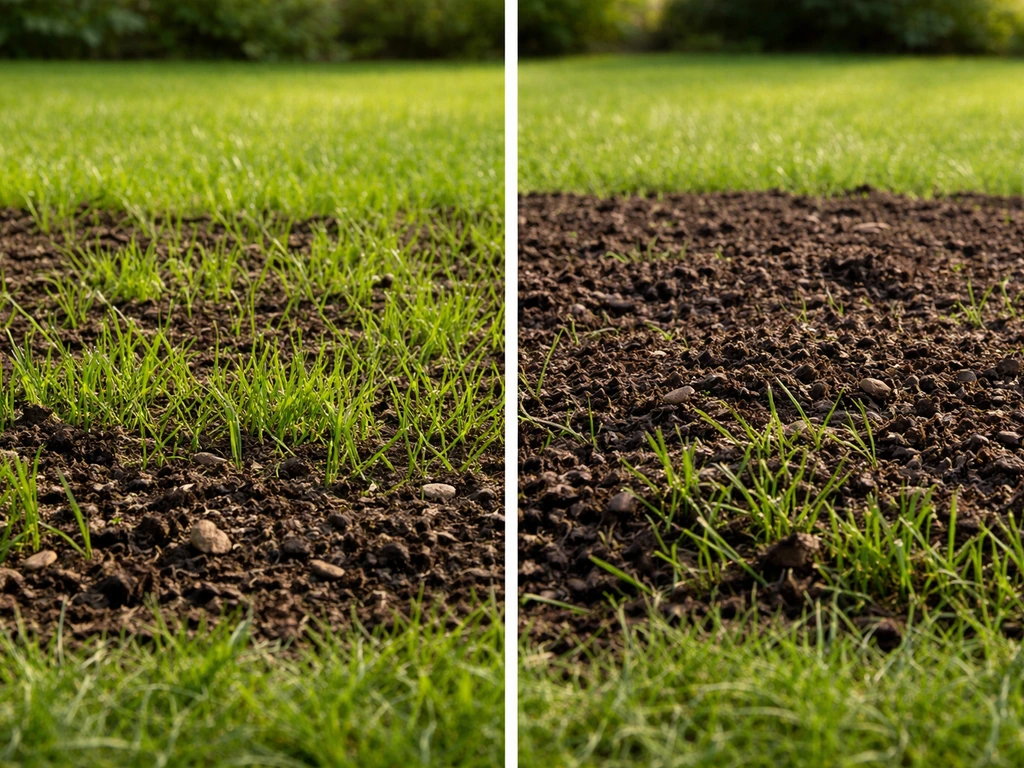 Links dunne, gelijkmatige compostlaag met gezonde grasgroei; rechts te dikke laag met ingedrukte, minder vitale grasspri