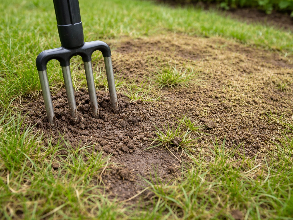 Verdicht gazon met beluchtingsvork in de grond en een lichte topdressing/compostlaag op open plekken.
