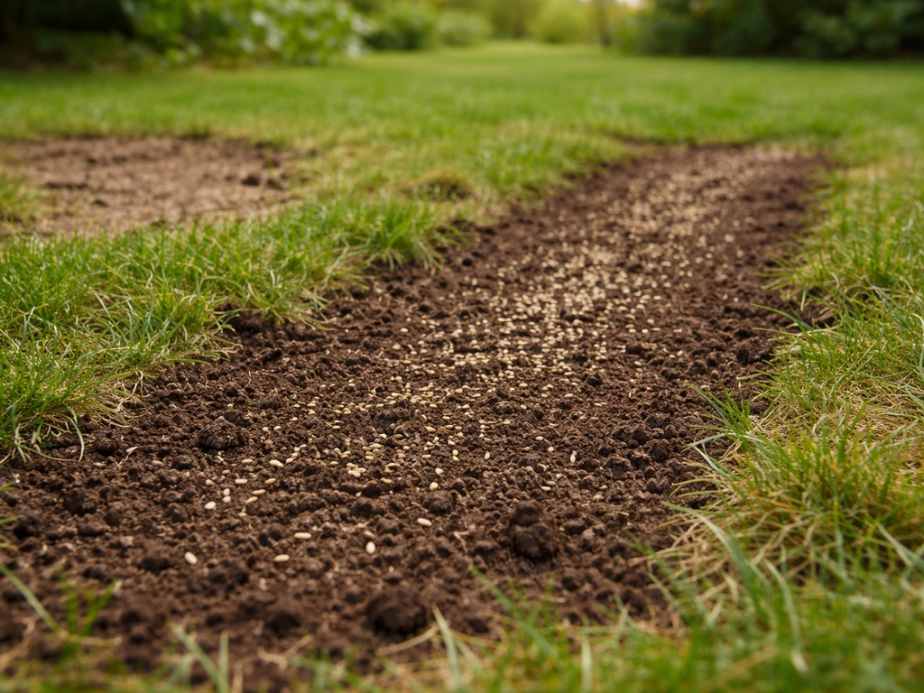 Kale plekken in een gazon met zichtbaar uitgerolde compost en grasmaad op een doorzaai-strook.