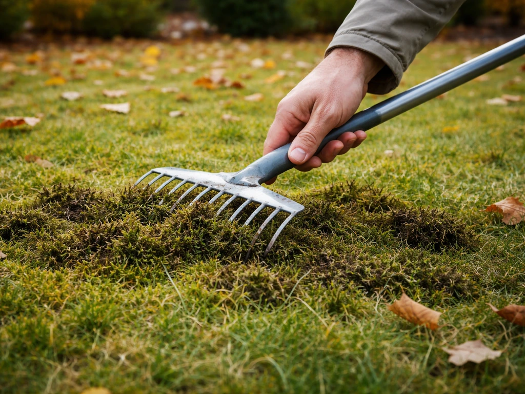 Hand die mos van een gazon harkt in oktober, met mosresten op de grond.