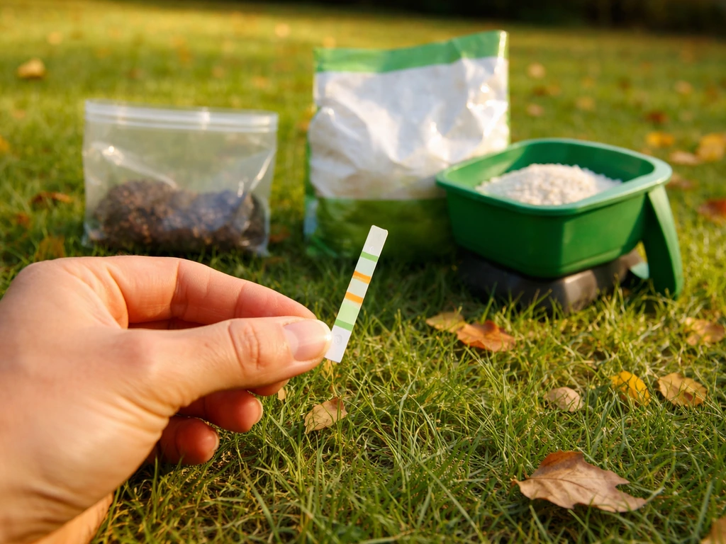 Hand met pH-teststrip naast grondmonster en kalkzak/uitstrooier op een oktobergazon