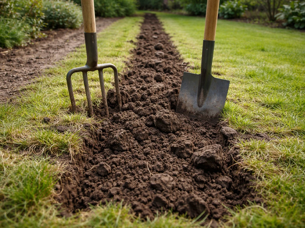 Tuin waar een gazon net gespit wordt met spitvork in omgezette zode en omgedraaide grond