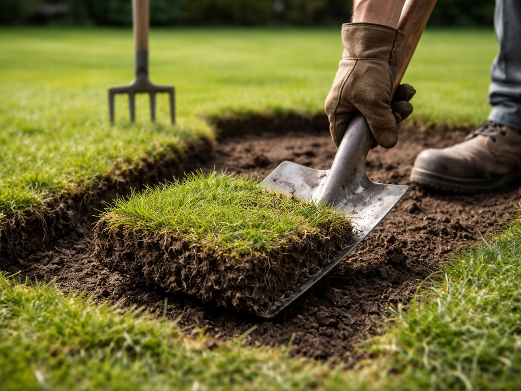 Anonieme handen tillen kortgemaaide graszoden met spade en spitvork uit een tuinbed.