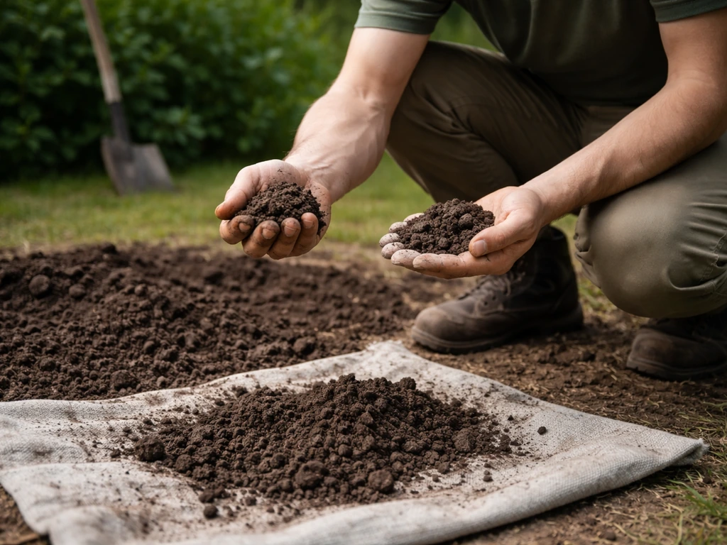 Tuinier rolt vochtige grond in de handen voor een snelle bodemcheck naar klei of zand