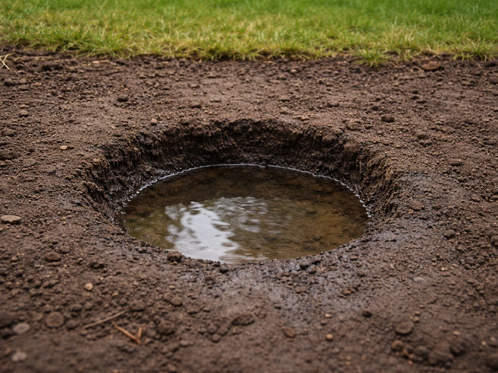 Kuiltje in de tuin met water dat zichtbaar wegzakt, als waterafvoer-test (emmertest) bij drainage.