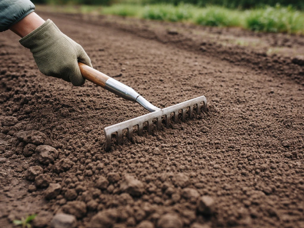 Moestuinbed waar een hark de omgezette grond egaliseert, met zichtbare kuilen en hobbels.