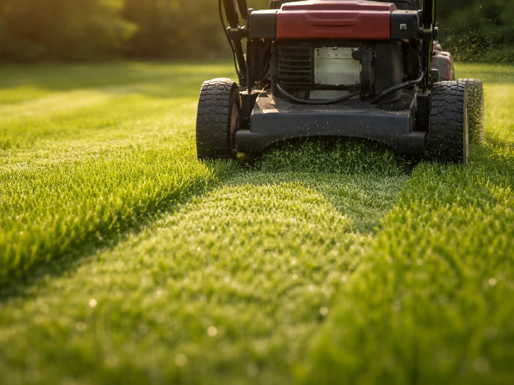 Gazon met duidelijk maaisporen; grashalmen staan ongeveer 4–5 cm, terwijl een maaimachine aan het werk is.