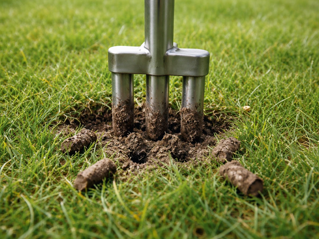 Close-up van een beluchtingspen die in het gazon prikt, met zichtbare bodemgaten en grasstructuur.