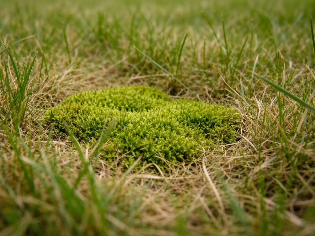 Close-up van mos tussen grasbladen op een gazon, met een verzwakte plek zichtbaar op de achtergrond.