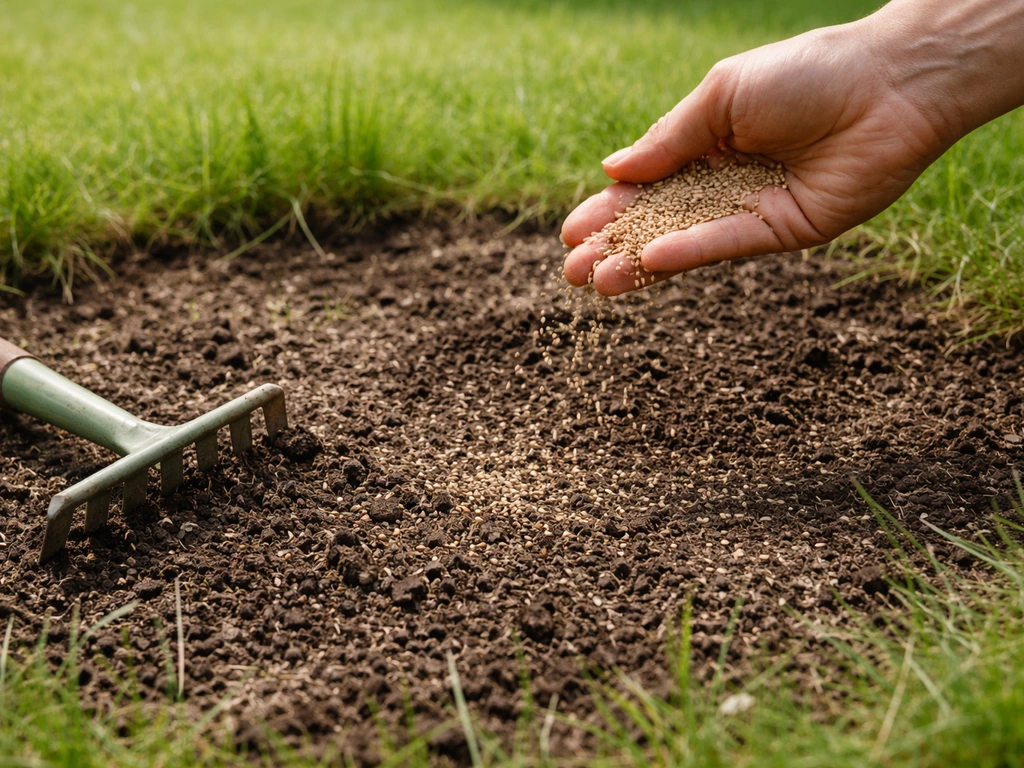Een hand strooit graszaad uit op een kale plek in het gazon, met een lichte harkbewerking.