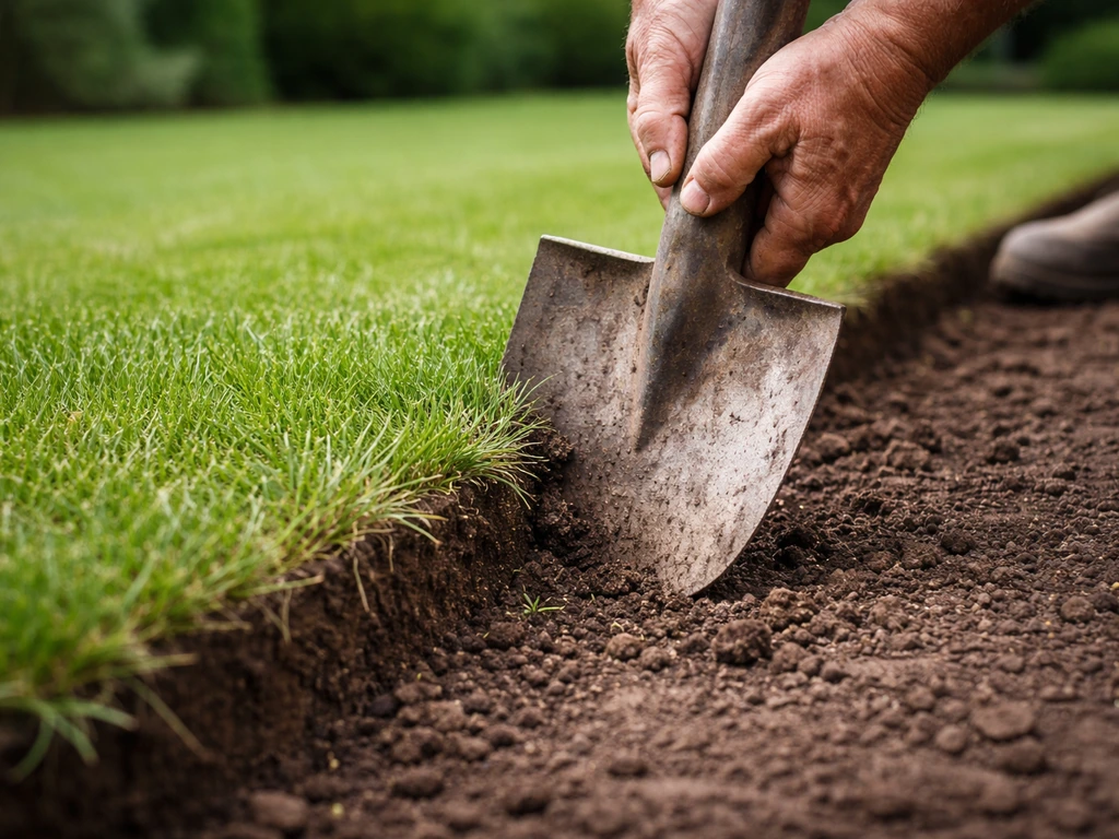 Handen die met een halfronde spade een rechte gazonrand verticaal opnieuw afsteken