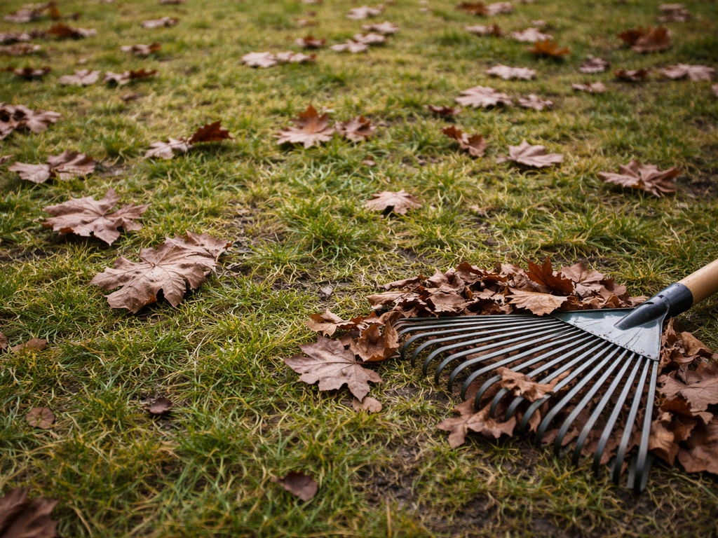 Nahaufnahme van gevallen bladeren op een wintergazon, met subtiele focus op grasbedekking in februari.