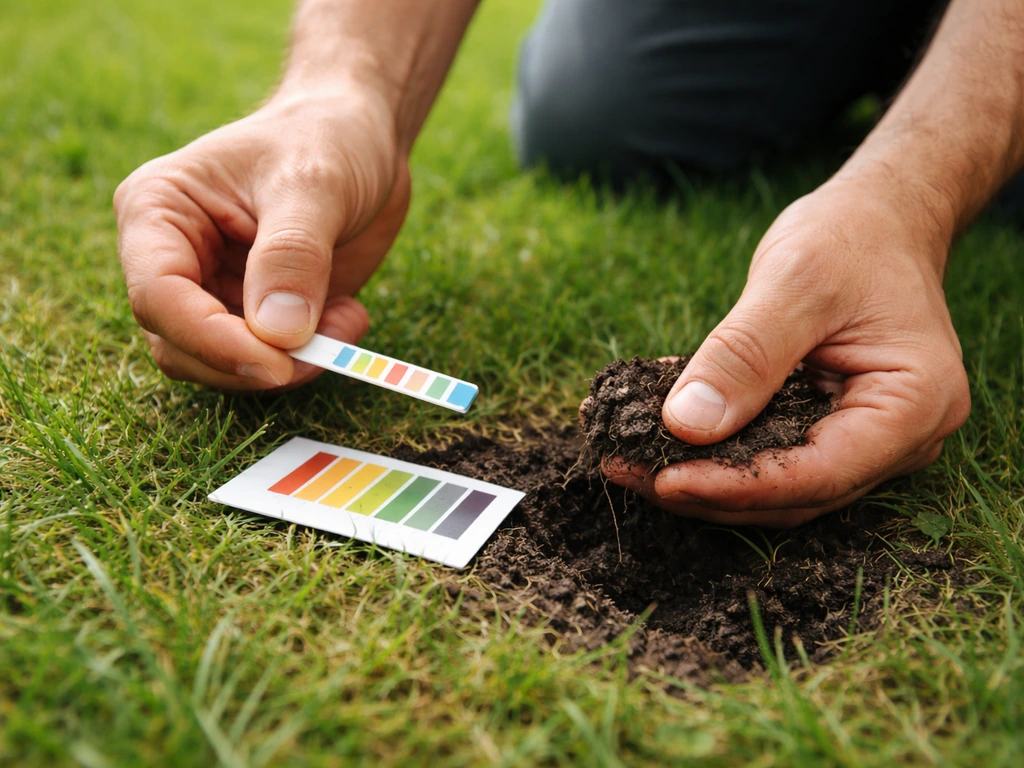 Anonieme tuinhouders handen testen de pH van gazon-aarde met een teststrip en kleurenkaartje.