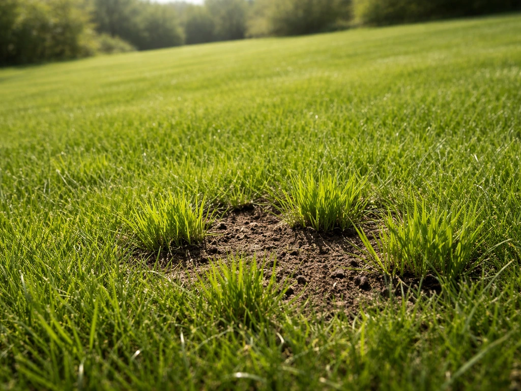 Gezond, dicht groen gazon met een klein herstelplekje en natuurlijk daglicht, minimalistisch en fotorealistisch.