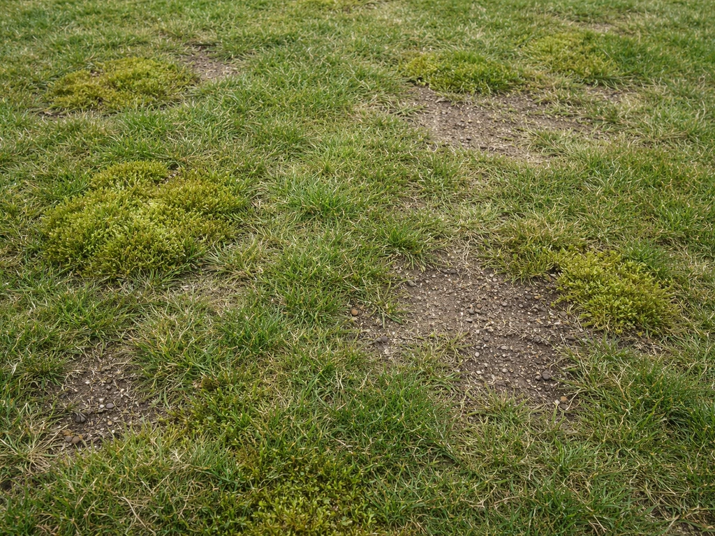 Close-up van een gazon met zichtbare mosplekken en kale/dunner wordende zones tussen het gras.