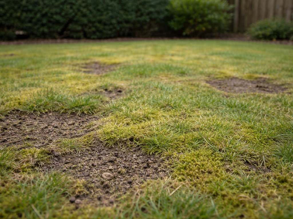 Tuinpad met gazon maudit: mos en kale plekken, close-up met vereenvoudigde grasmat en aarde, natuurlijk licht.