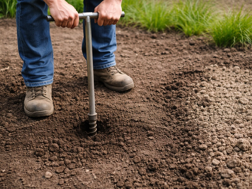 Tuinier prikt met een grondboor in verdichte aarde; naast een luchtige strook met zichtbare bodemstructuur.