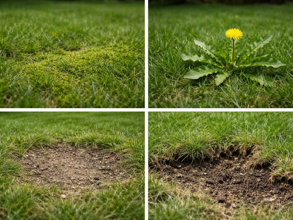 Vier tuindetails naast elkaar: mos, onkruid, kale plek en omgewoelde grasrand met mogelijke engerlingenactiviteit.