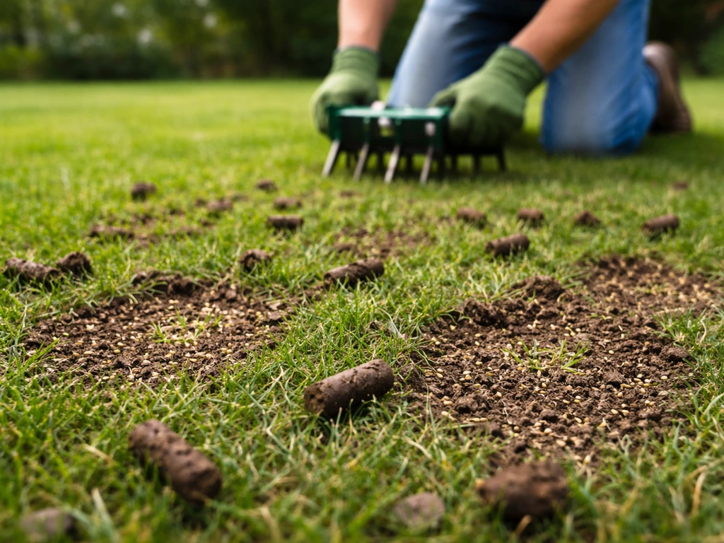 Gazon dat wordt belucht en deels doorgezaaid: kleine verse kieming zichtbaar in opengaande grond.