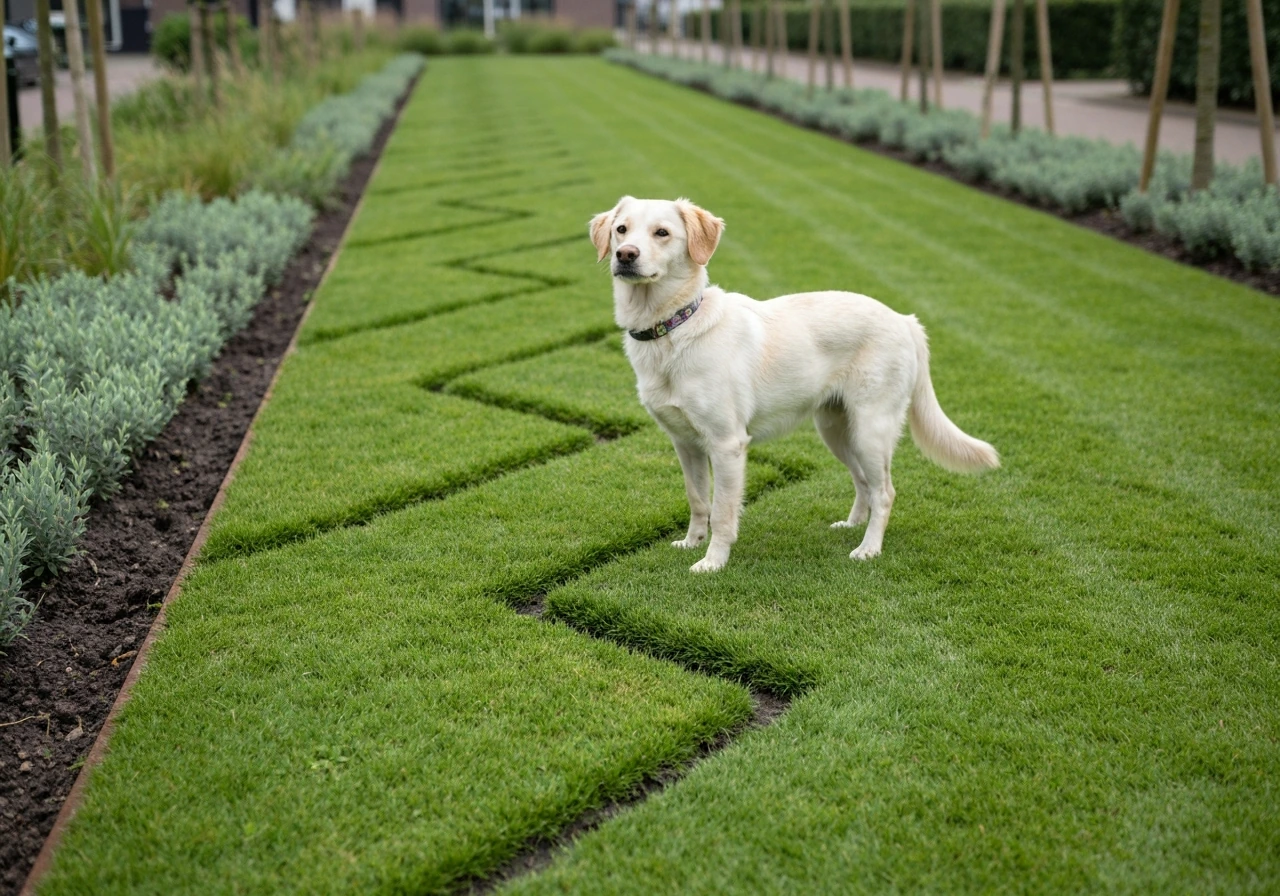 Strak, dicht Engels ogend gazon in een Nederlandse tuin met subtiele borders en een minimalistische hoek in beeld.