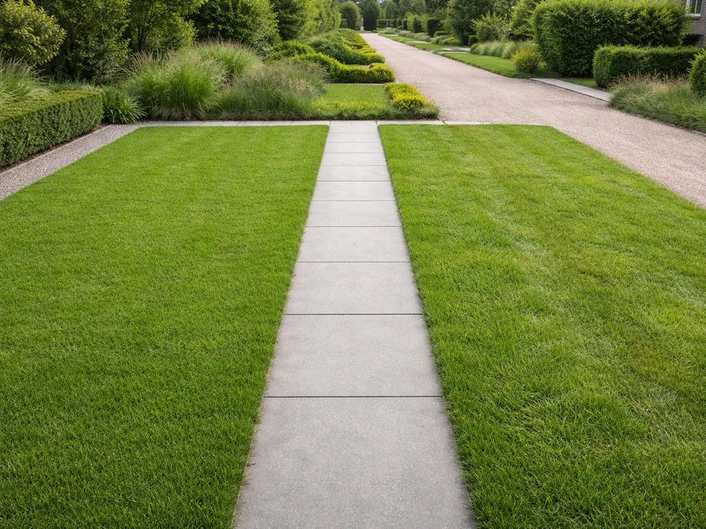 Tuin met twee naast elkaar liggende grasstroken: strak gebruiksgazon links en natuurlijk Engels gazon rechts.