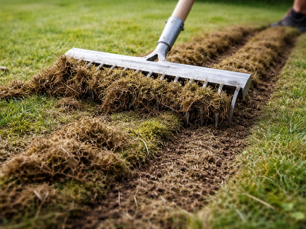Verticuteerhark die vilt uit een bestaand gazon licht, met opengetrokken banen in het gras.