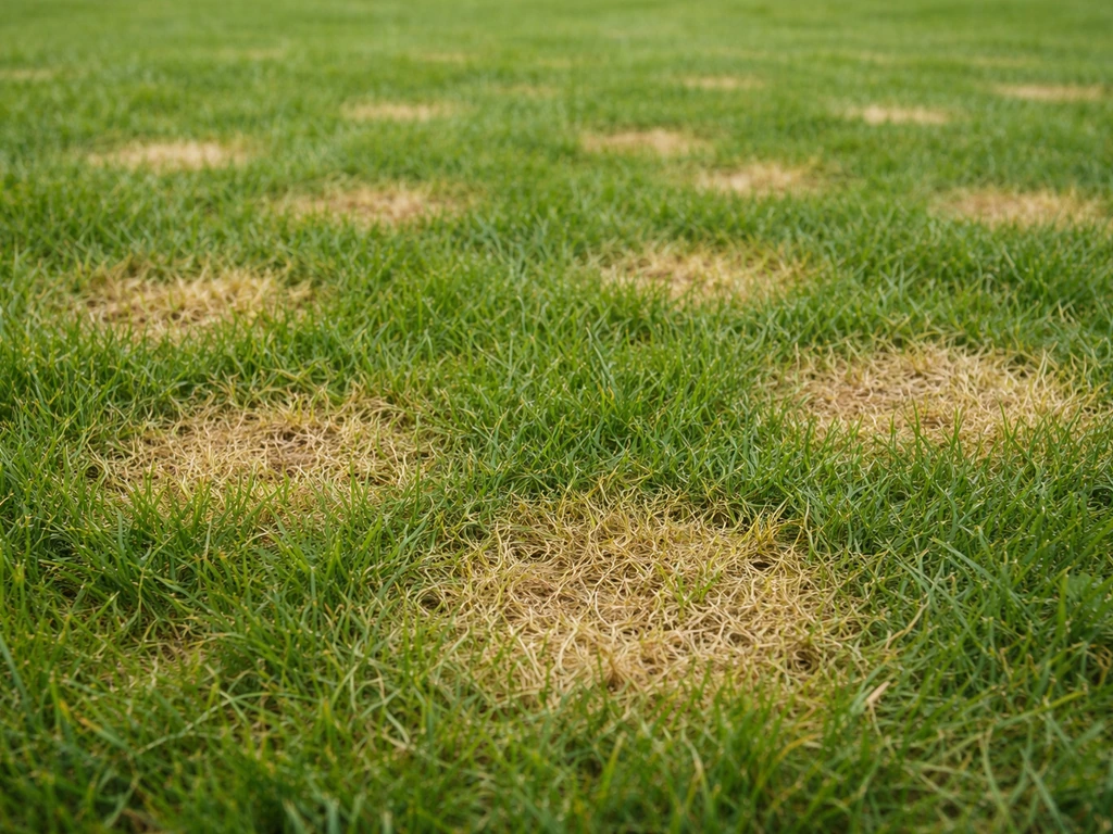 Close-up van een gazon met kleine afgebakende vergeelde en bruine schimmelplekjes tussen groen gras.