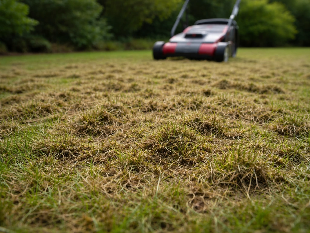 Graszoden met zichtbare vilt- en mosresten na verticuteren, met verticuteermachine op de achtergrond.