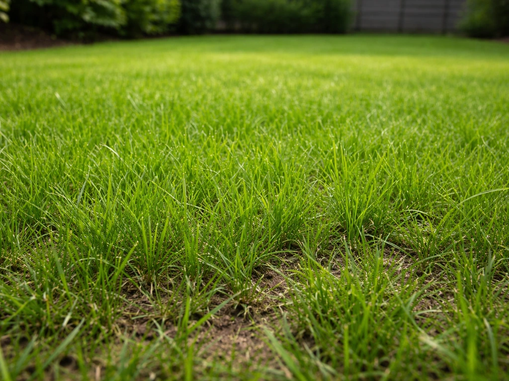 Groene grasmat in het voorjaar, halfdroge bodem en frisse scheuten in een rustige tuin