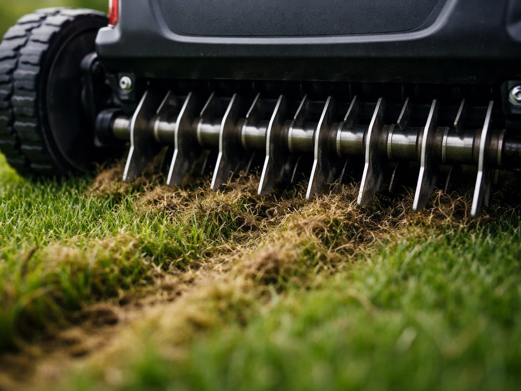 Close-up van een verticuteermachine die met verticale messen snedes maakt en vilt losmaakt in het gazon.