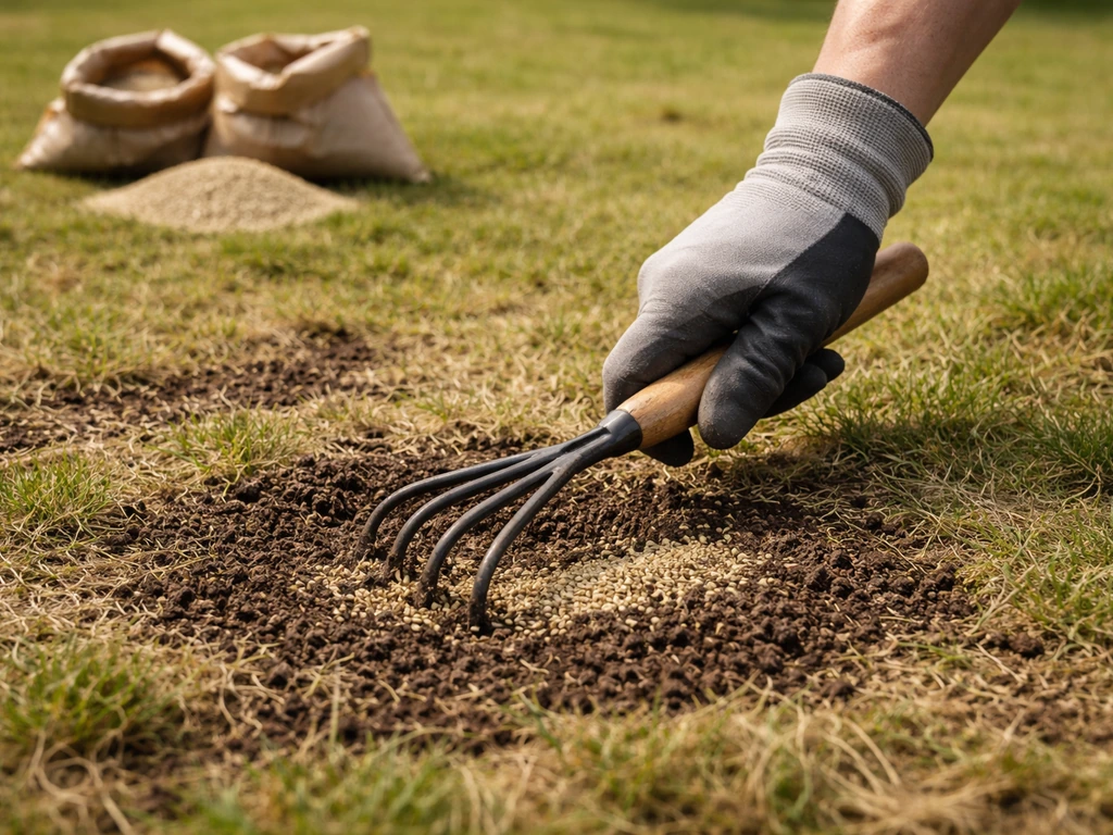 Tuinier die zaad inwerkt op kale plekken na scarificatie, met harken en losse grond op een gazon