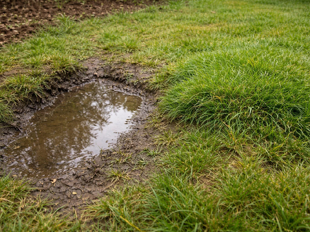 Ongelijk gazon met kuil waar water blijft staan en een bult die zichtbaar hoger is